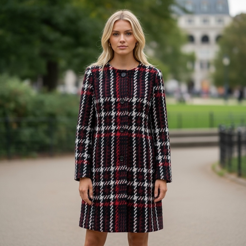 Ann Taylor Houndstooth Plaid Wool Blend Chesterfield Coat SZ S Long Tweed Boucle